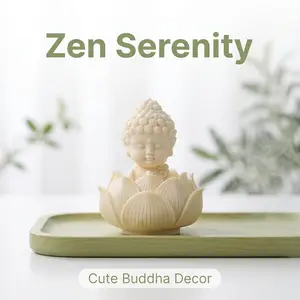 2‑Piece Oriental Kid‑Style Buddha Figurine Set, Pressed Ivory‑Nut Powder Carved Meditating Buddha Statue & Lotus‑Shaped Base, Calming Folk Desktop Ornament for Tea Room, Meditation Corner, Home Table Display & Gifting