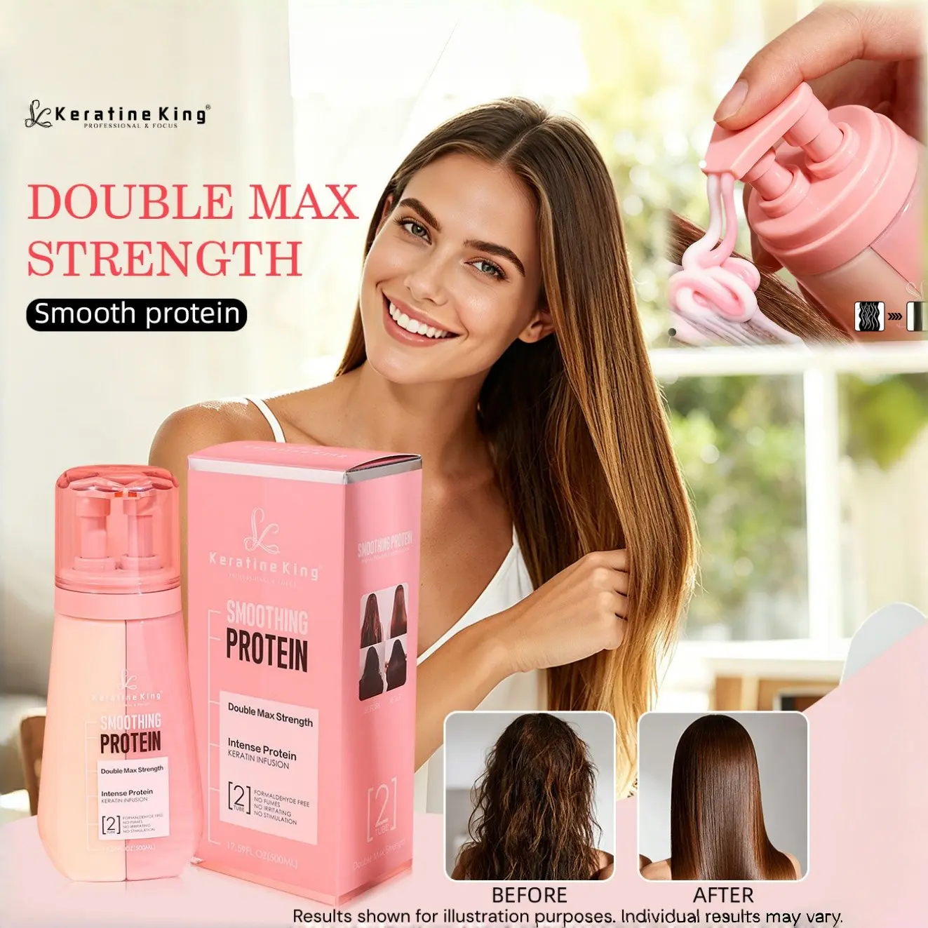 KeratinKing Premium Salon Dual Tube Keratin Smoothing Hair Mask Double Concentrated Salon Grade Repair Cream, Hydrolyzed Keratin Collagen Argan Oil, Tame Frizzy Dry Split Damaged Hair, Professional Silky Shiny Straight Hair Treatment 500ml