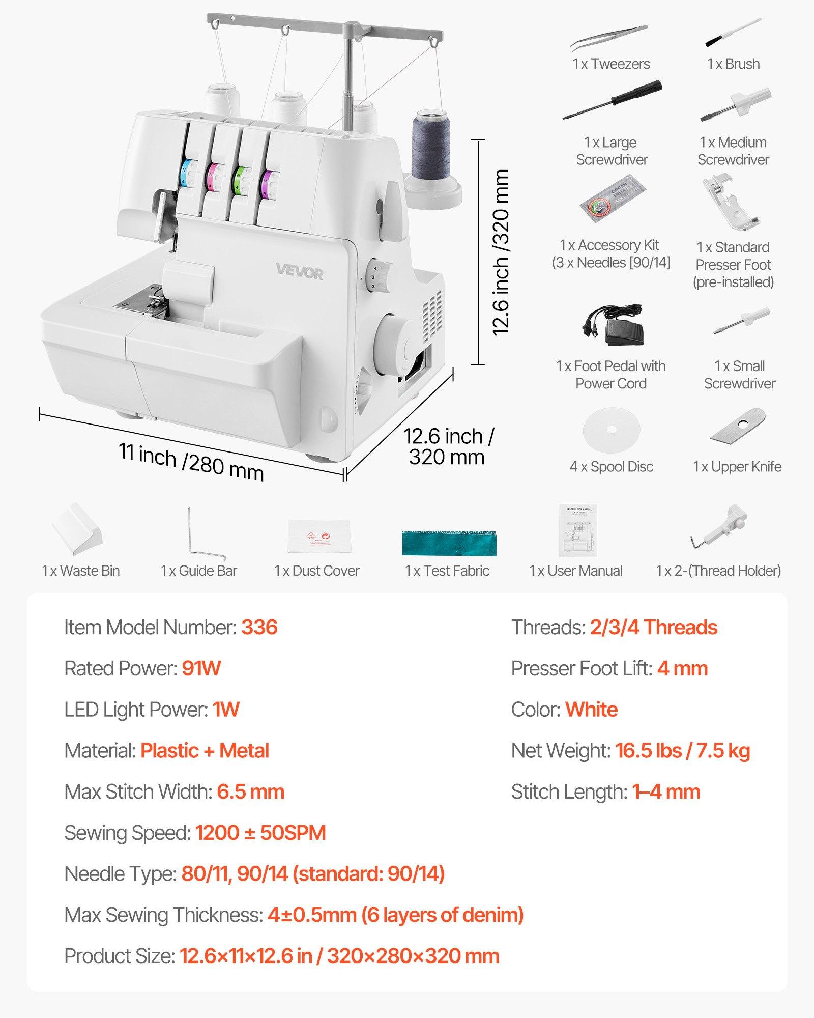 VEVOR Serger Overlock Sewing Machine, 1250 Stitches Per Minute, 2-3-4 Thread Capability, 0.7-2 Adjustable Differential Feed, with Free Arm and LED Light, Sewing Machine for Various Fabrics, White VEVOR Serger Overlock Sewing Machine, 1250 Stitches Per Minute, 2-3-4 Thread Capability, 0.7-2 Adjustable Differential Feed, with Free Arm and LED Light, Sewing Machine for Various Fabrics, White