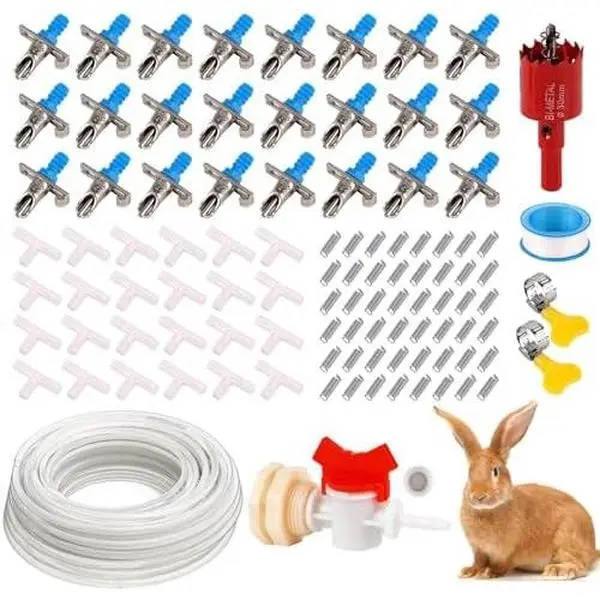 Gravity Feed Automatic Rabbit Watering System - Stainless Steel, Leakproof, Time-Saving Small Animal Feeding Supply with 24 Multiple Rabbit Nipples, 46ft Hose