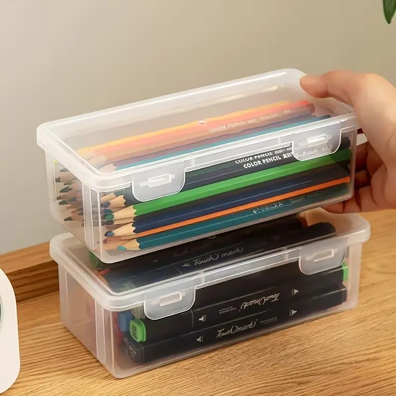 2pcs Transparent PP Material Storage Box with Lid, Lightweight Multi-Purpose Organizer for Office and School Supplies, Pen Pencil Marker Craft Storage