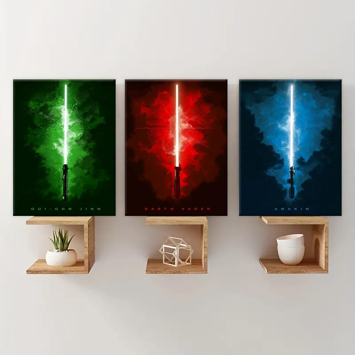 Wooden Framed Canvas Painting, 3 Counts/set Lightsaber Pattern Wall Art, Unique Artwork, Modern Wall Decor for Home Living Room Bedroom Office Illustrations, Decoration
