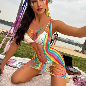 Rainbow Striped Big Mesh Hollow Bikini Cover-Up Mini Dress