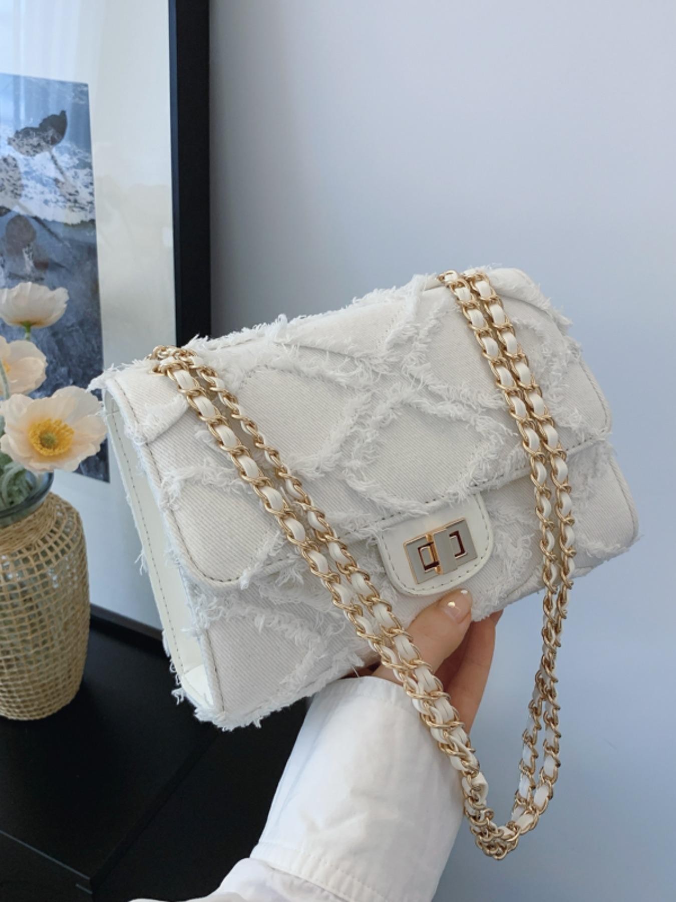 Women's Fashion Chain Strap Denim Rhombus Rough Edge Shoulder Bag, Casual Versatile Solid Color Underarm Bag, Trendy Daily Commuting Bag, Girl Fashionable Bag, Denim Crossbody Bags