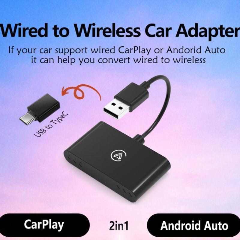 2 in 1 Car Adapter, Wired to Wireless Mini Box Plug & Play Adapter, Bluetooth-compatible WiFi Fast Auto Connect Smart Dongle for CarPlay Android Auto