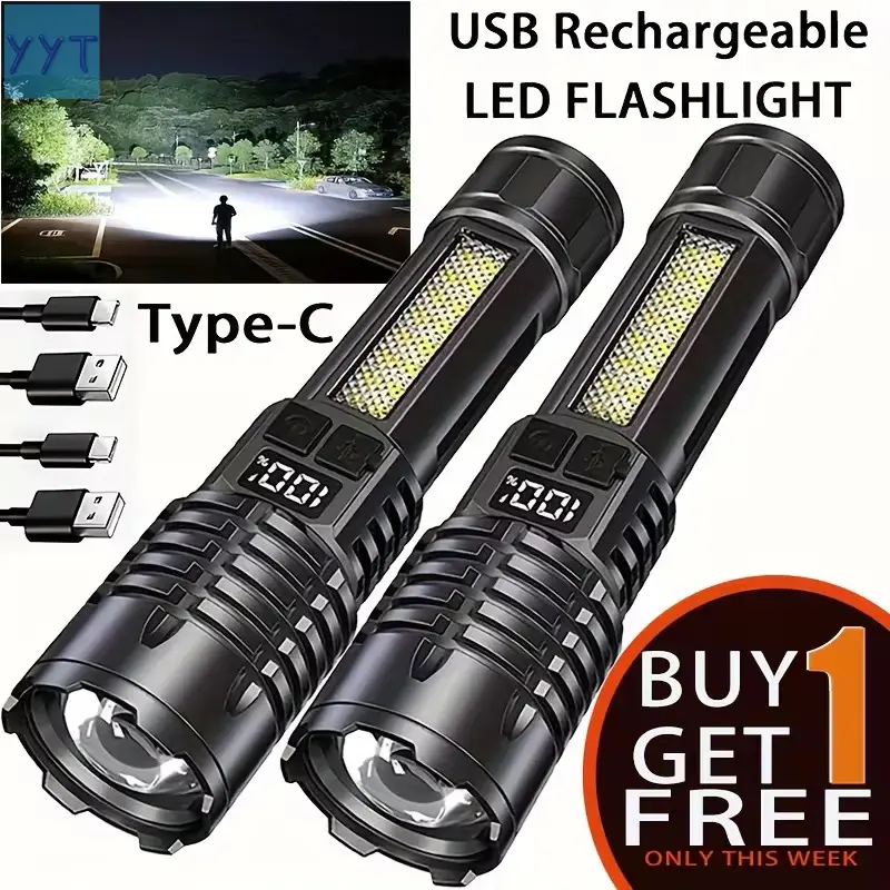 YYT1  2-Pieces-Brightness Rechargeable LED Lights Flashlights - 5 Smart Lighting Modes, COB Light, Tactical Accessories, Adjustable Zoomable Torch, Handheld, Fast-Charging - Camping Home Improvement Portable Lighting Gear, Fastcharging