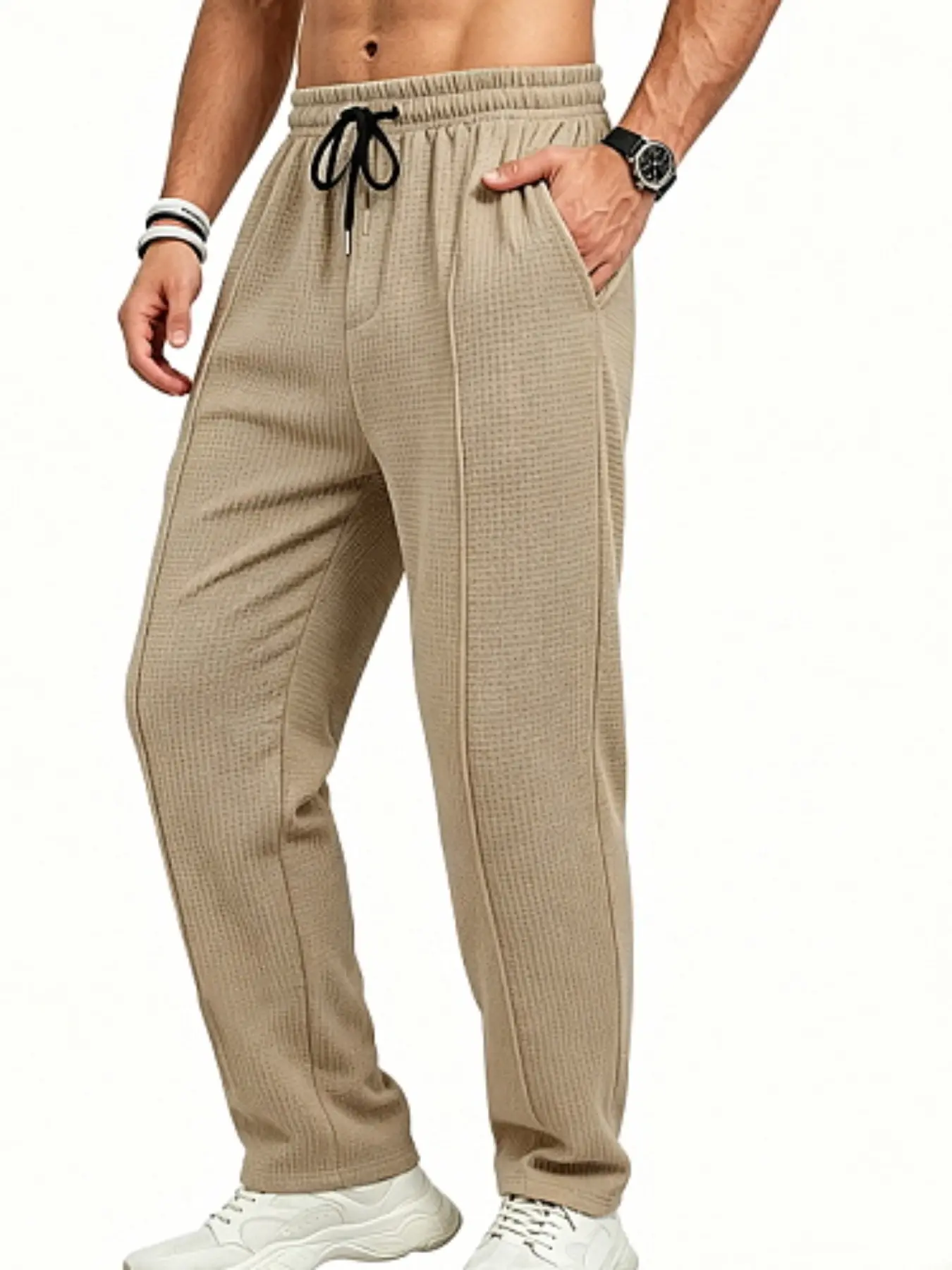 Men's American Style Waffle Straight Leg Casual Pants, Loose Drawstring Breathable Texture Sports Long Pants, Spring Autumn Running Daily Commute