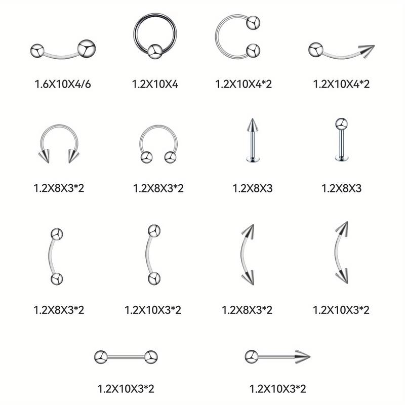 170PCS Classic Eyebrow Nail, Nose Ring, Nose Nail, Tongue Nail, Navel Nail, Eyebrow Puncture Nail Set Stainless Steel Mixed Nose Ring Nose Stud Jewelry Piercing Set Body Piercing Jewelry