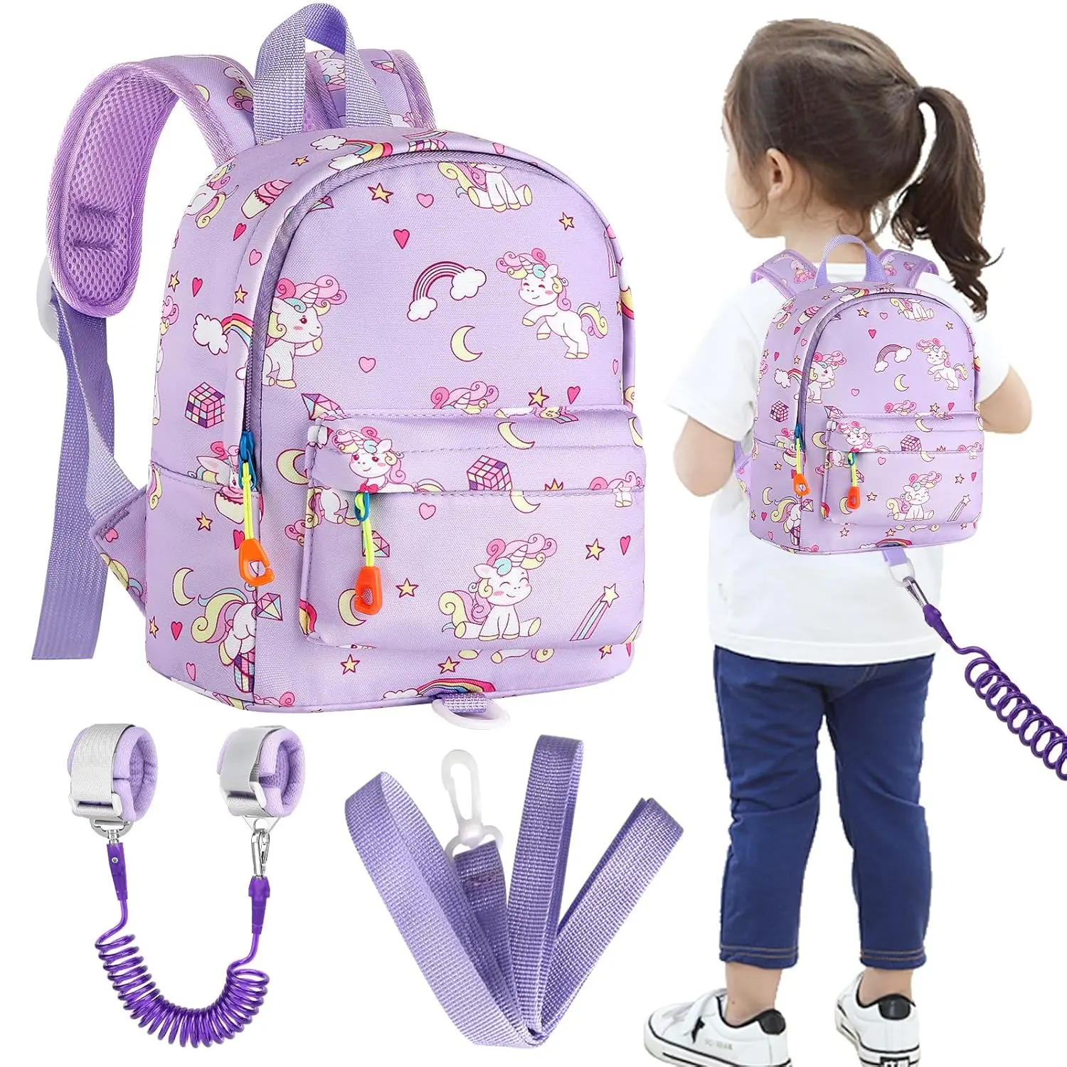 Toddler Backpack Leash with Anti Lost Wrist Link, Cute Mini Child Walking Harnesses Keep Kids Close Back Pack Rope Tether Rein  Baby Boys (Purple/Unicorn)