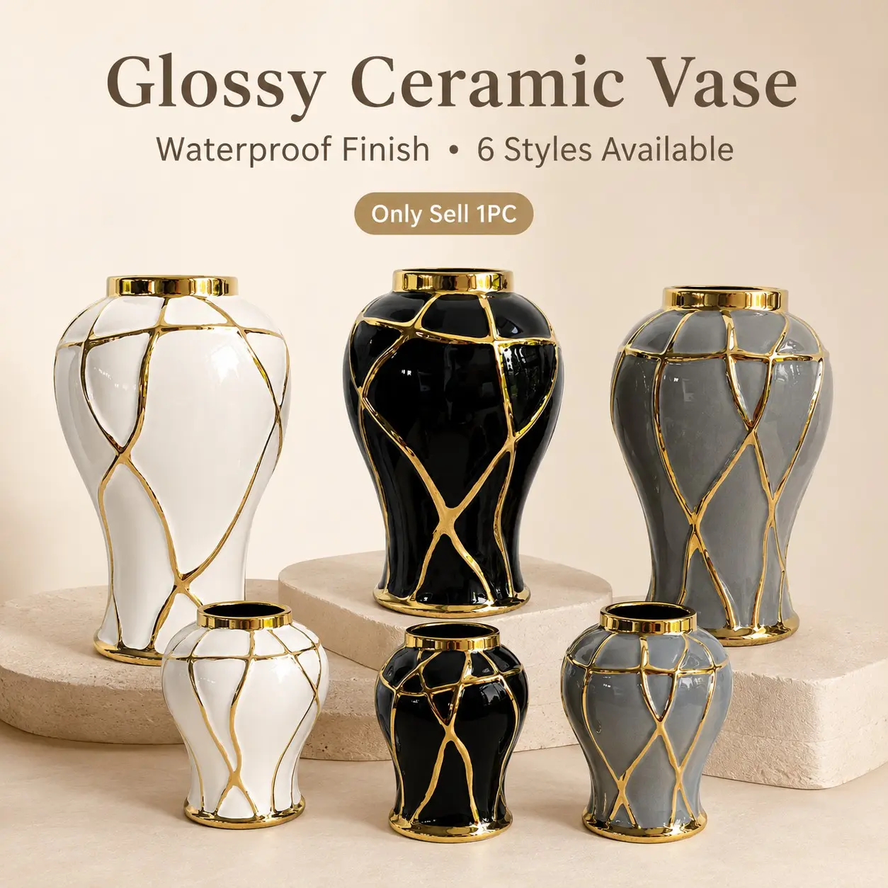 Shiny Ceramic Vase with Gold Geometric Wire, Waterproof Hole-Free Flower Arranger, Modern Luxury Decorative Vase // Gold Trim, Elegant Desktop Centerpiece