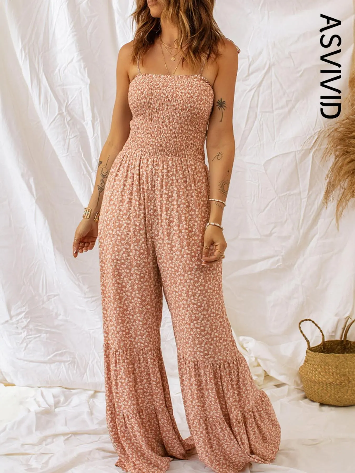 Women's Ditsy Floral Print Shirred Ruffle Hem Wide Leg Spaghetti Cami Lightweight Jumpsuit, Boho Tie Shoulder Sleeveless Jumpsuit for Beach Holiday Vacation, Ladies Summer Clothes