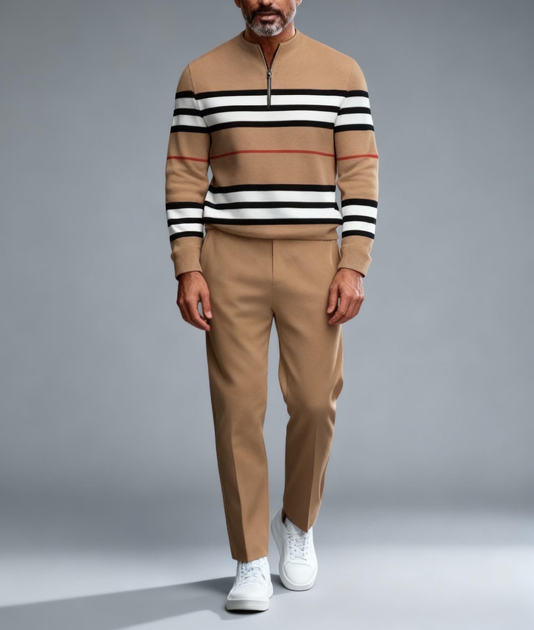 Business casual fashion men's digital printed sportswear set, featuring a street-style patterned digital half-zip sweater + pants, a two-piece men's outfit