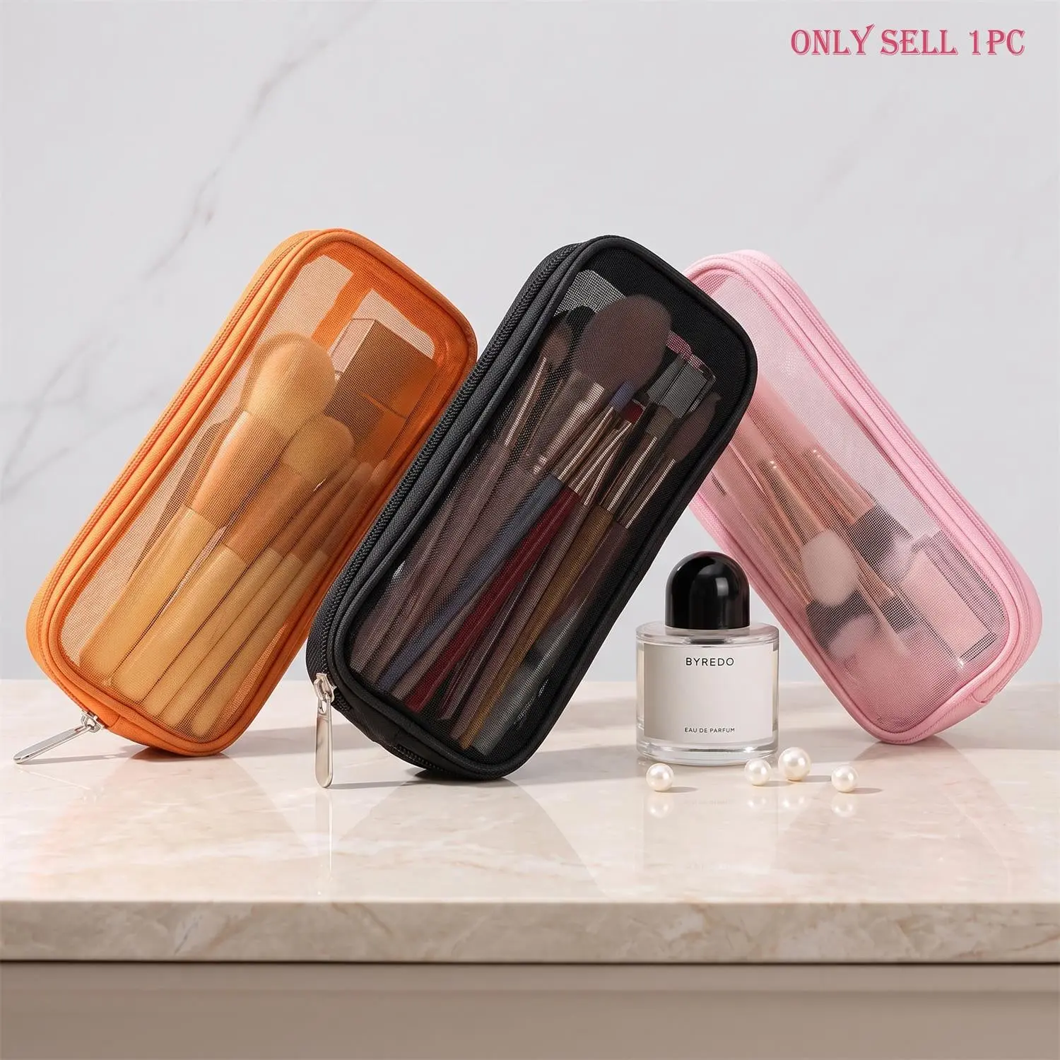 Mesh Breathable Makeup Brush Storage Bag, Multi-Functional Organizer, Lightweight Travel Essential, Unisex Design, Ideal for Brushes, Pens, Toiletries