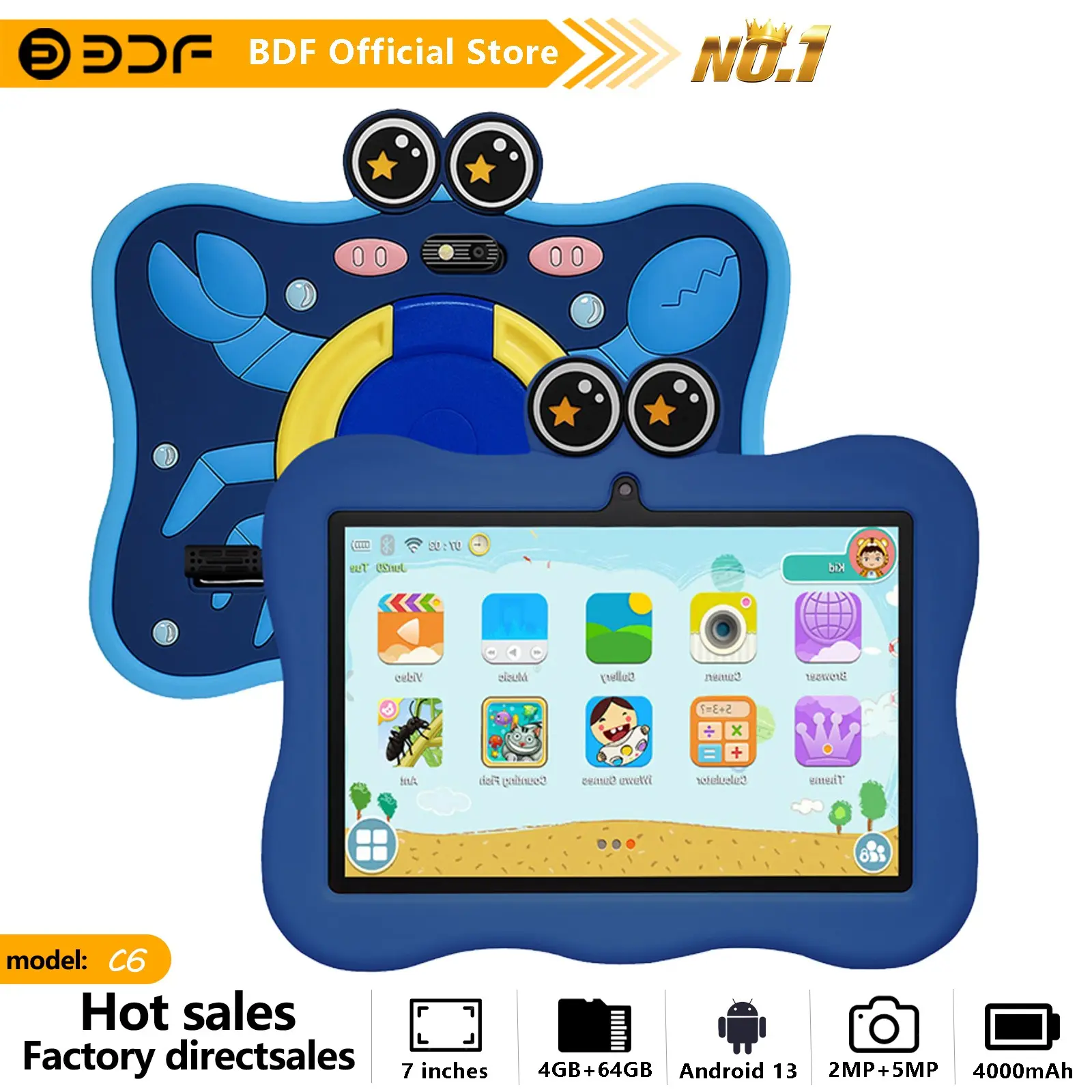 Educational Touchscreen Tablet, 7-Inch Android 13, 4GB RAM 64GB Storage, Quad-Core Processor, HD Screen, Dual Cameras, Long Battery Life