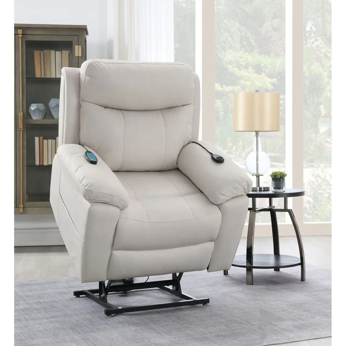 Chriki Beige Polished Microfiber Power Recliner w/Lift & Heating & Massage