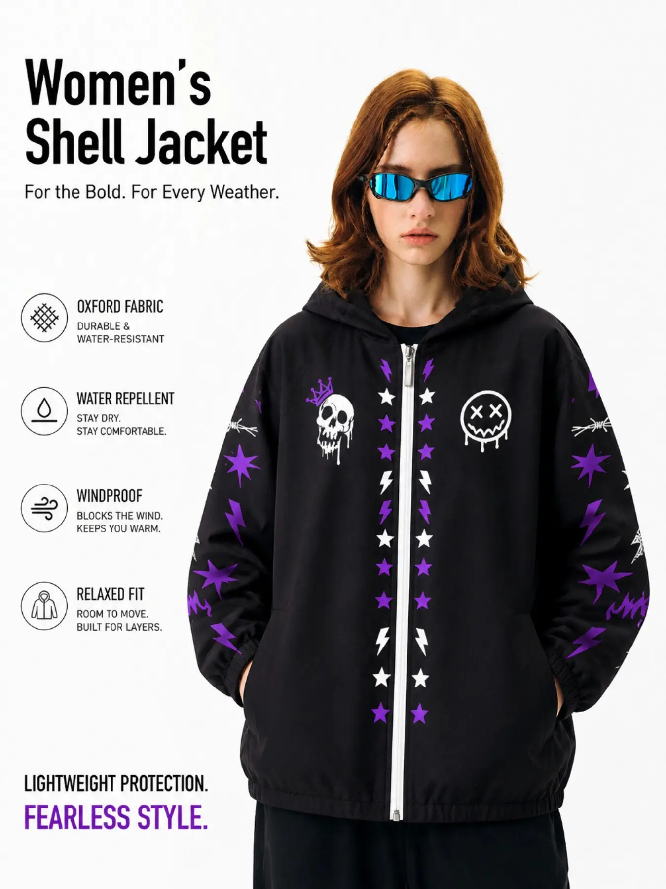 Women's Gothic Skull Pattern Casual Windbreaker Jacket, Hooded Full Zipper, Star Lightning Streetwear, Fall Winter Outdoor Coat