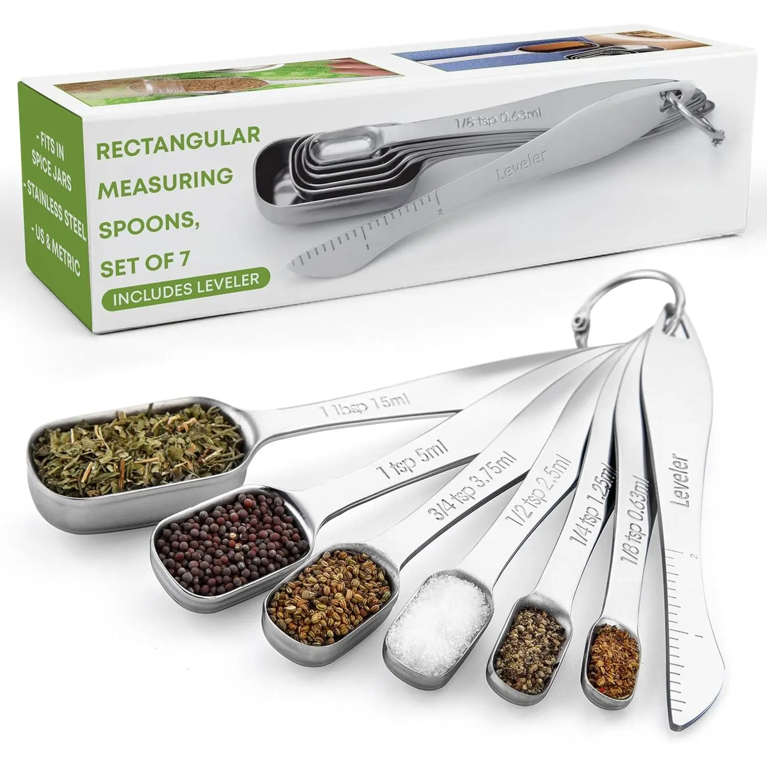 7-Piece Multi-Size Nesting Stainless Steel Food Measuring Tool Set - Rectangular Teaspoon Measuring Spoons with Leveler, Engraved Marks, Long Handle for Spice Jars, Dry & Liquid Ingredients, Cooking/Baking Utensils