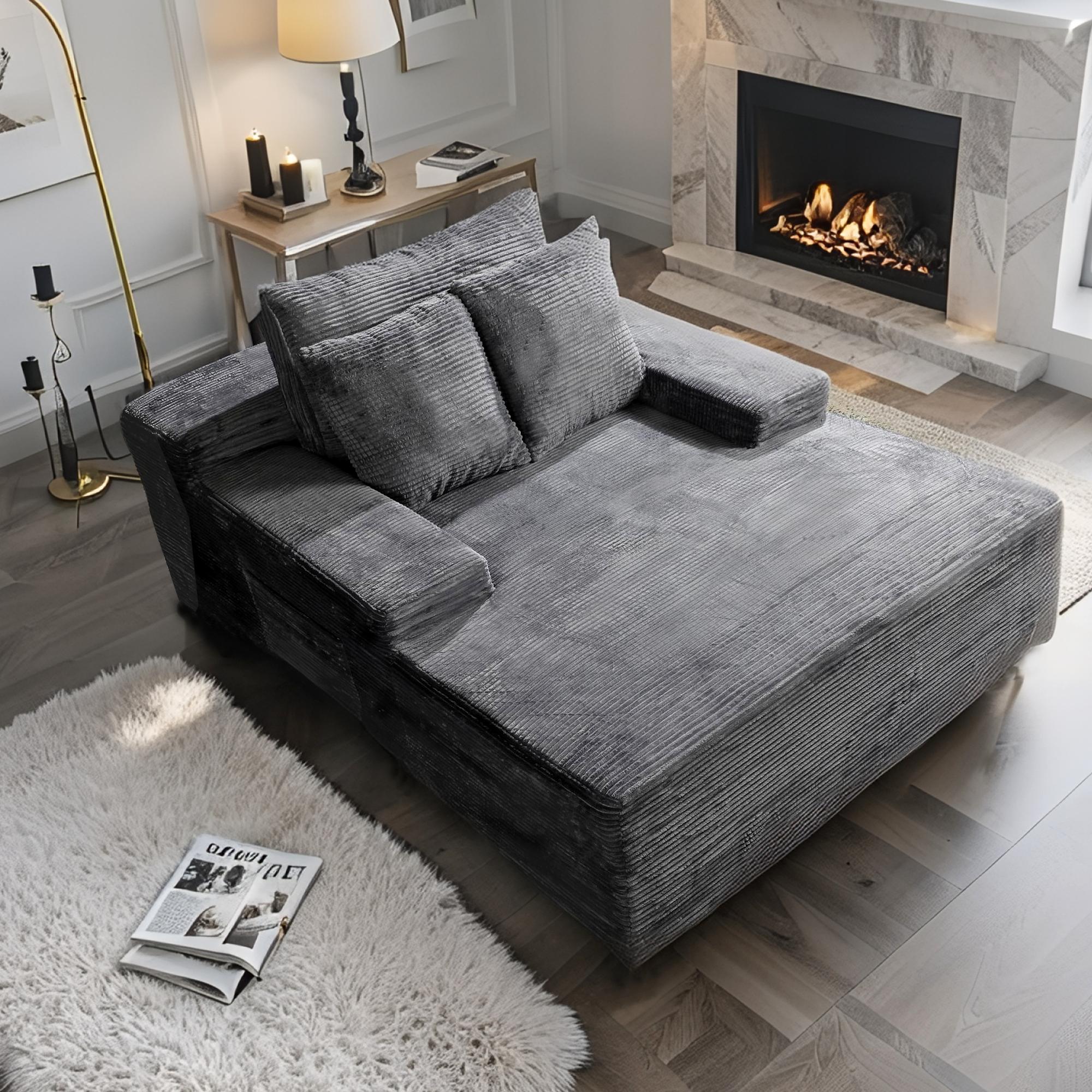 Modern L-Shaped Sectional Sofa with Chaise, Grey Corduroy Couch, Storage Pouches, Throw Pillows