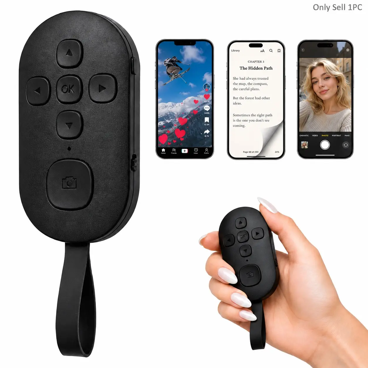 Bluetooth Phone Remote for TikTok Scrolling, Hands‑Free Video Controller with Page Turner, Camera Shutter, Volume Adjustment, Like & Play Pause for Smartphones