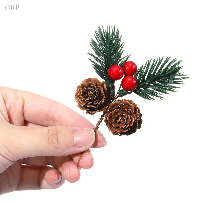 10PCS Artificial Pine Needle Ornament DIY Gift Box Decor Kit, Christmas Simulation Pine Branch Accessories With Red Pine Cones, Mini Fake Xmas Tree Embellishments For Wrapping Packaging Wreath Table Centerpiece Holi,Silver,Snowman,Ging,birthstone,je,charm