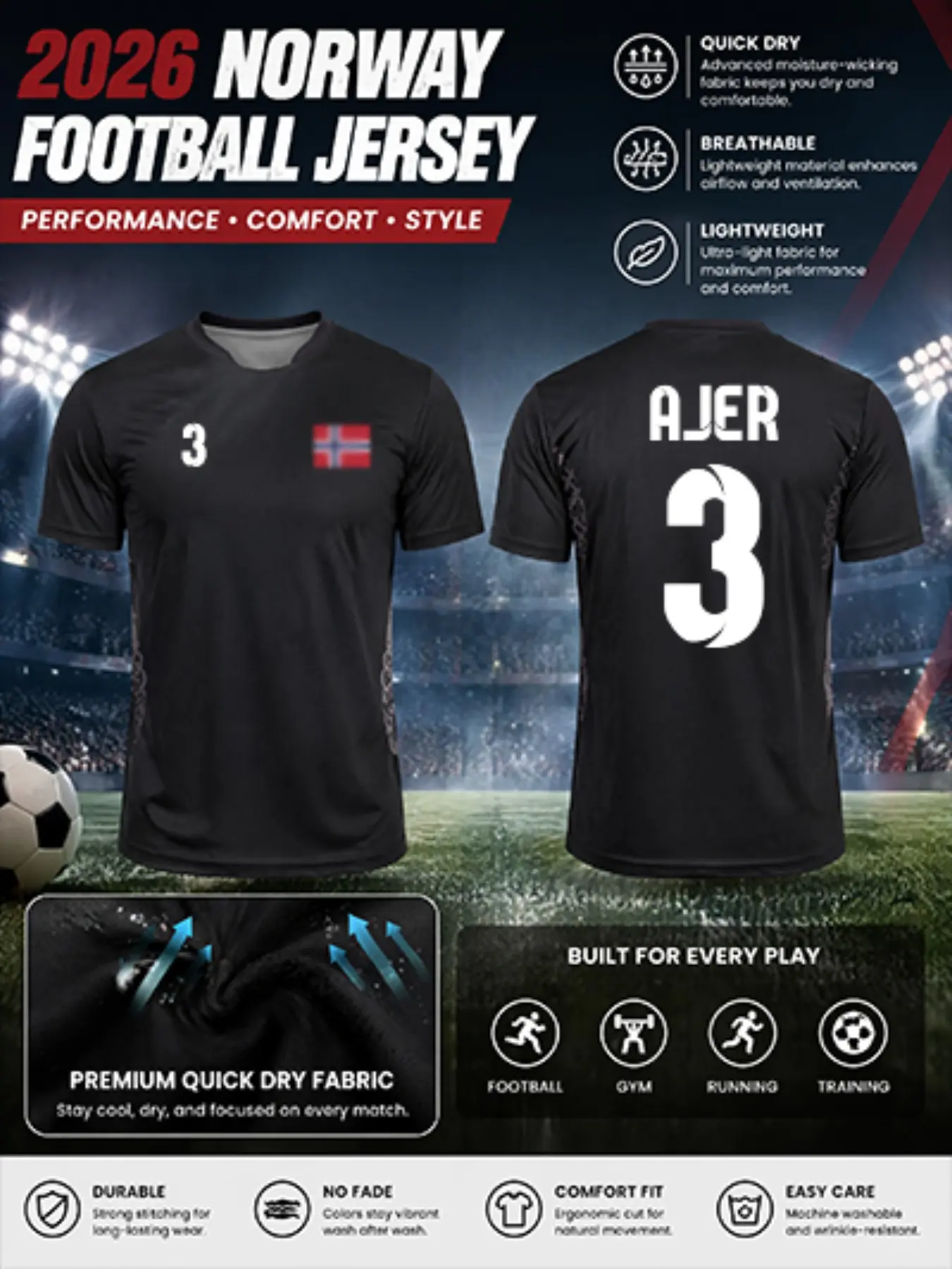 2026 Norway Simple Solid Soccer Jersey, Football Jerseys, Fan Sportswear Top, Quick-Dry Breathable Polyester Mesh, Slim-Fit Sporty Design, Ideal for Norwegian Fans