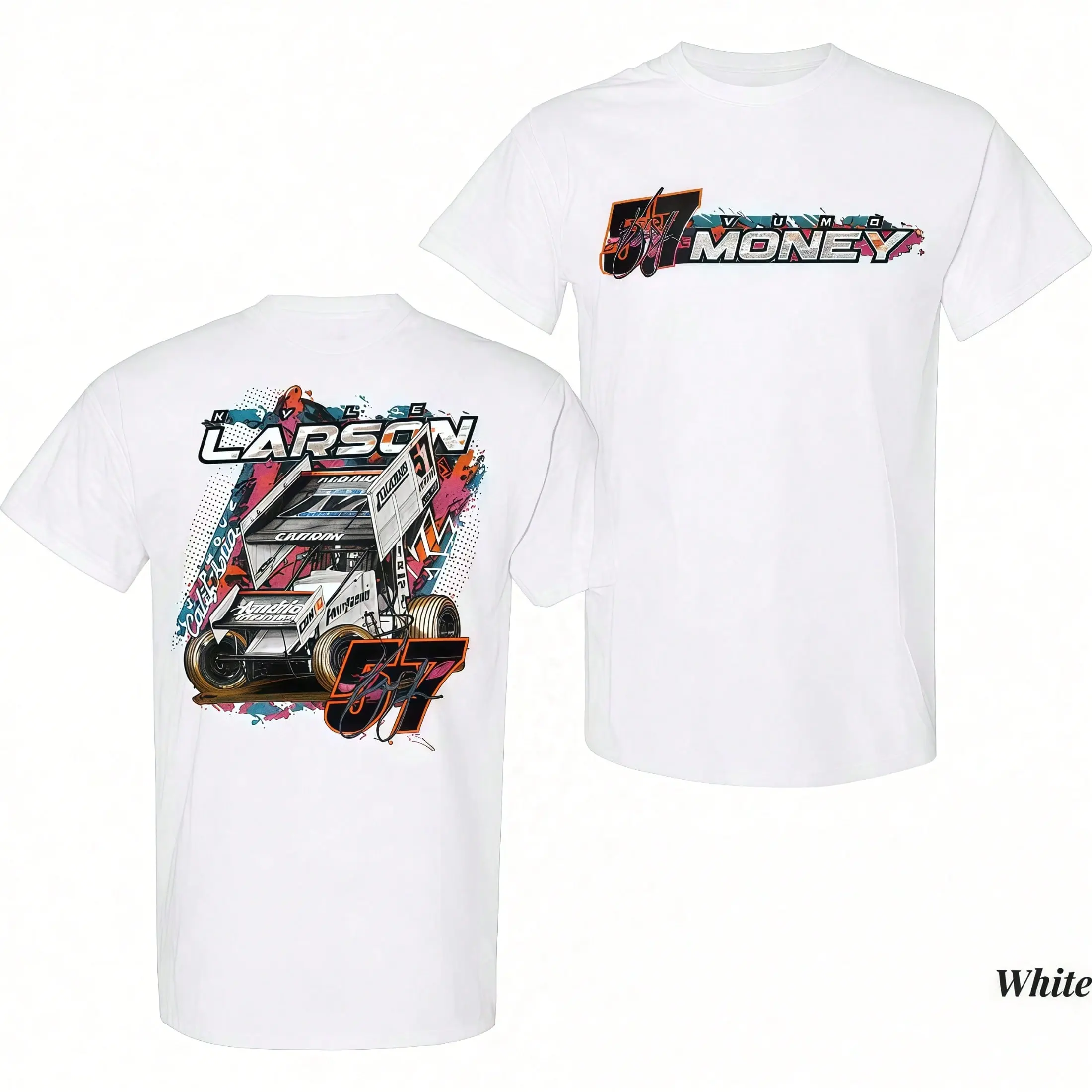 Unisex Motorsport Racing Streetwear Tee, Double Sided Mini Chest Graffiti Racing Font Back Full Sprint Car Splash Art Graphic T-Shirt, Comfort Casual Dirt Track Fan Top For Men & Women