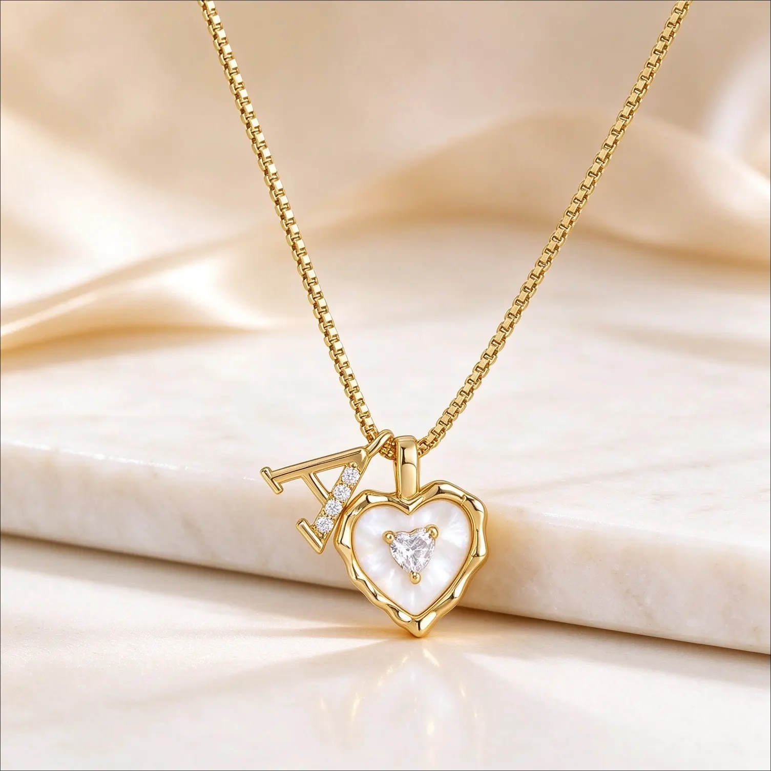 Dainty Gold Box Chain Necklace, Scalloped Shell Heart CZ A-Z Initial Pendant, Micro Pave Letter Charm, Elegant Personalized Jewelry for Women & Teens, Perfect Valentine’s Day & Back To School Gift