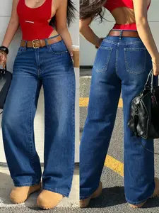 Deep Blue Mid-Waist Classic Wide-Leg Jeans, Vintage Washed Wide-Leg Pants, Casual Versatile Basic Denim Long Pants