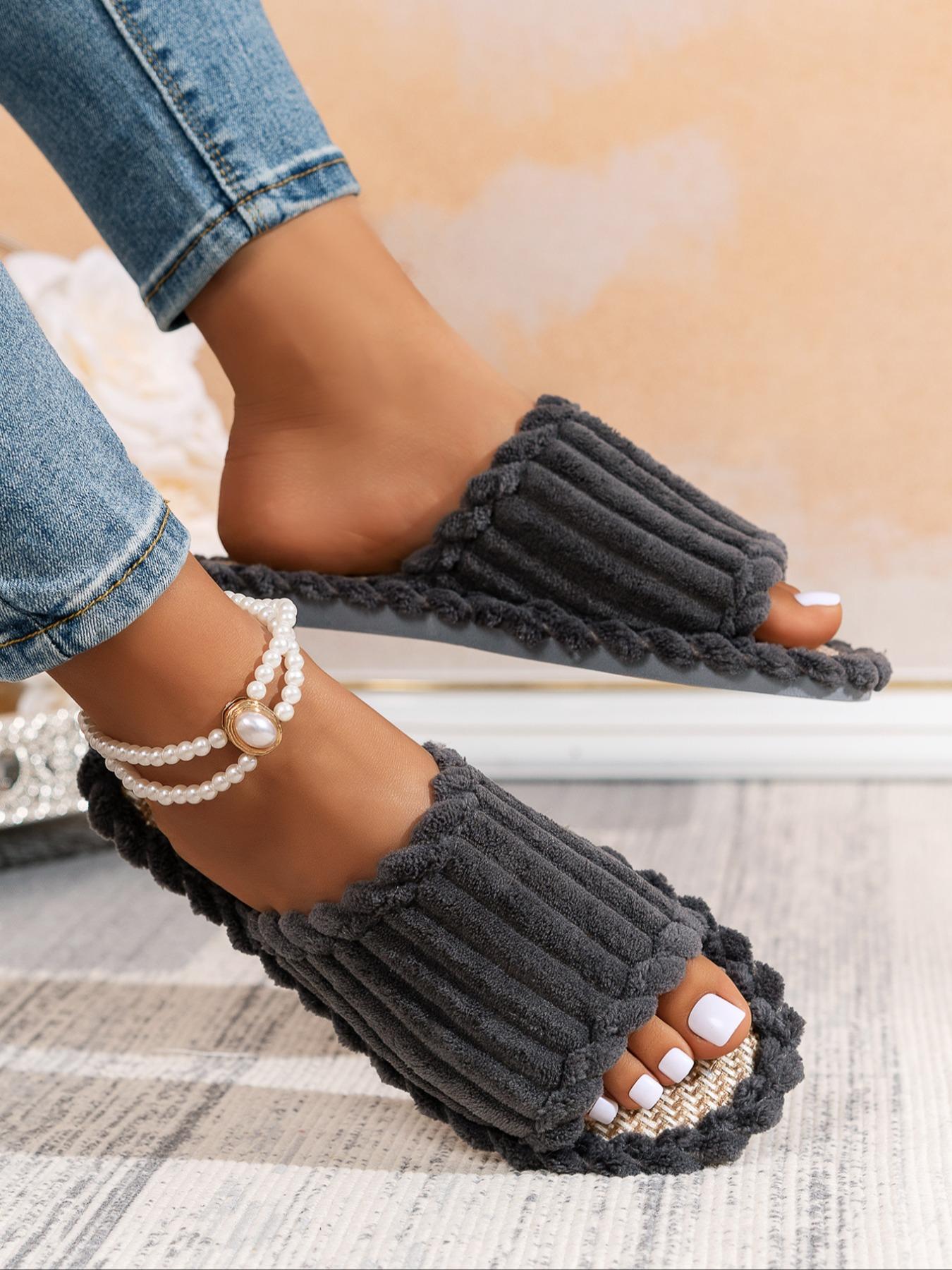 Women's Solid Color Fluffy Plush Slides, Casual Soft Comfortable Home Slippers, Warm Slippers for Indoor & Outdoor Use for Fall & Winter, Walking Shoes, Affordable Slippers