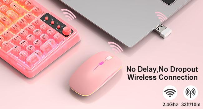 Pink Light Up Keyboard and Mouse Wireless,Cute 2.4Ghz Cordless Rechargeable Transparent Backlit Keyboard,15 Backlight Effects,Volume Knob,RGB Mouse with 3 DPI for Mac Computer PC Laptop Desktop iPad