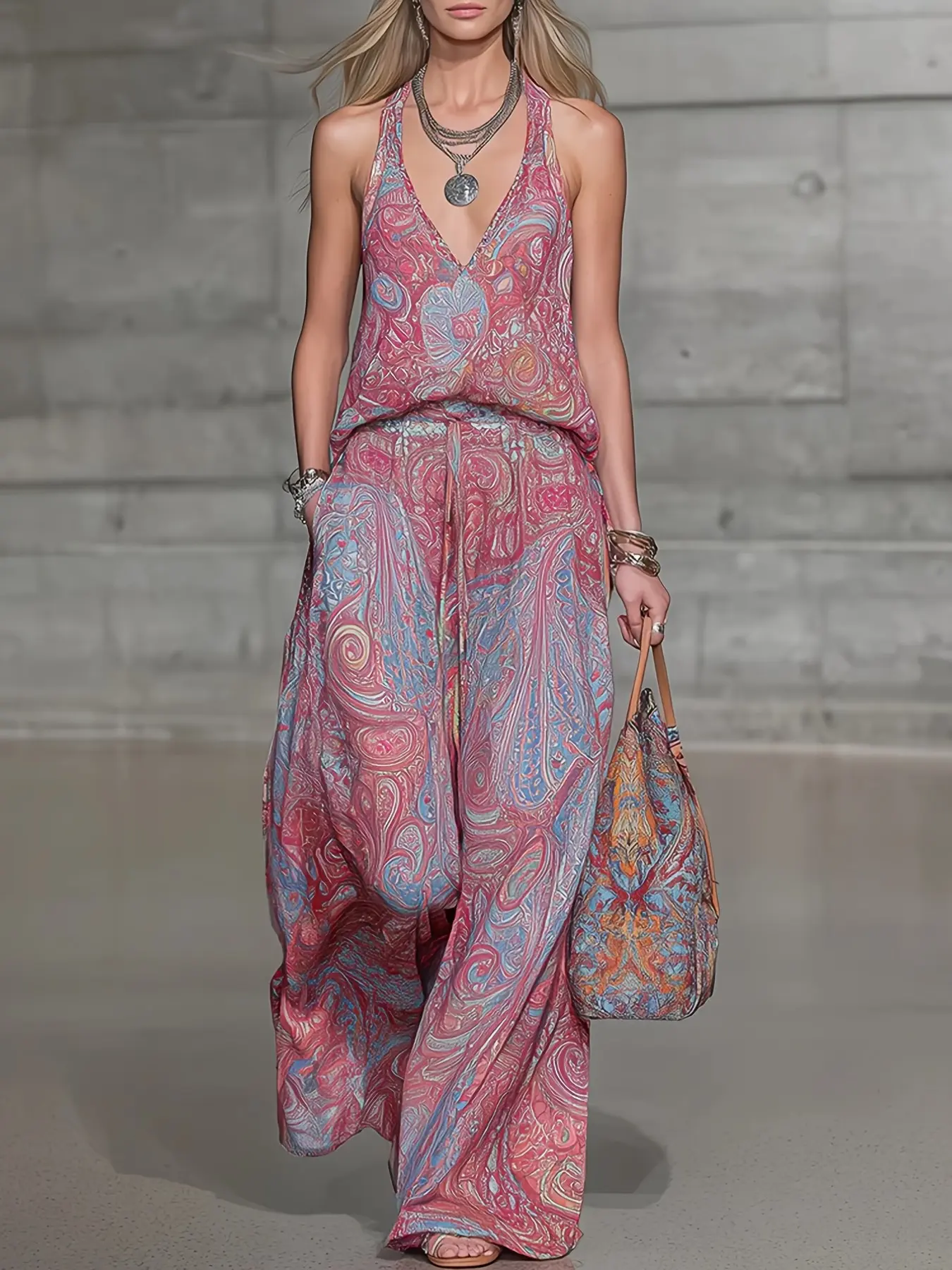 Fashion Casual Bohemian Paisley V-Neck Sleeveless Tank Top with Long Pants Set Outfit, Two-Piece for Comfortable Everyday Wear