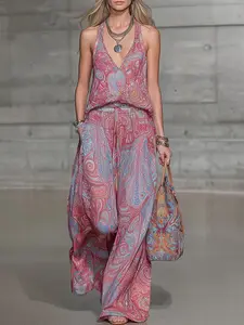 Fashion Casual Paisley V-Neck Sleeveless Tank Top with Long Pants Set Outfit, Two-Piece for Comfortable Everyday Wear