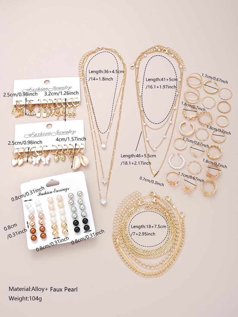 Fashion Faux Pearl Decorated Jewelry, Heart & Flower & Geometric Shape Earring Bracelet Necklace Ring Jewelry Set, Elegant Jewelry Set, Gifts without Box