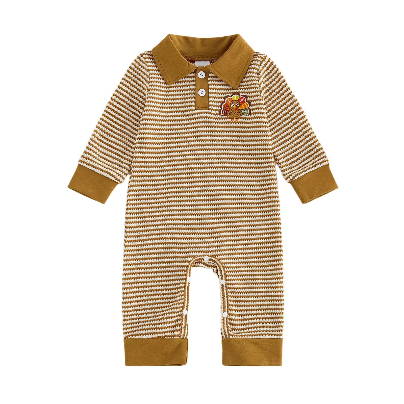 Infant Baby Boy Thanksgiving Romper Turkey Embroidered Stripe Print Buttons Long Sleeve Bodysuit Jumpsuits Fall 0-18 Months