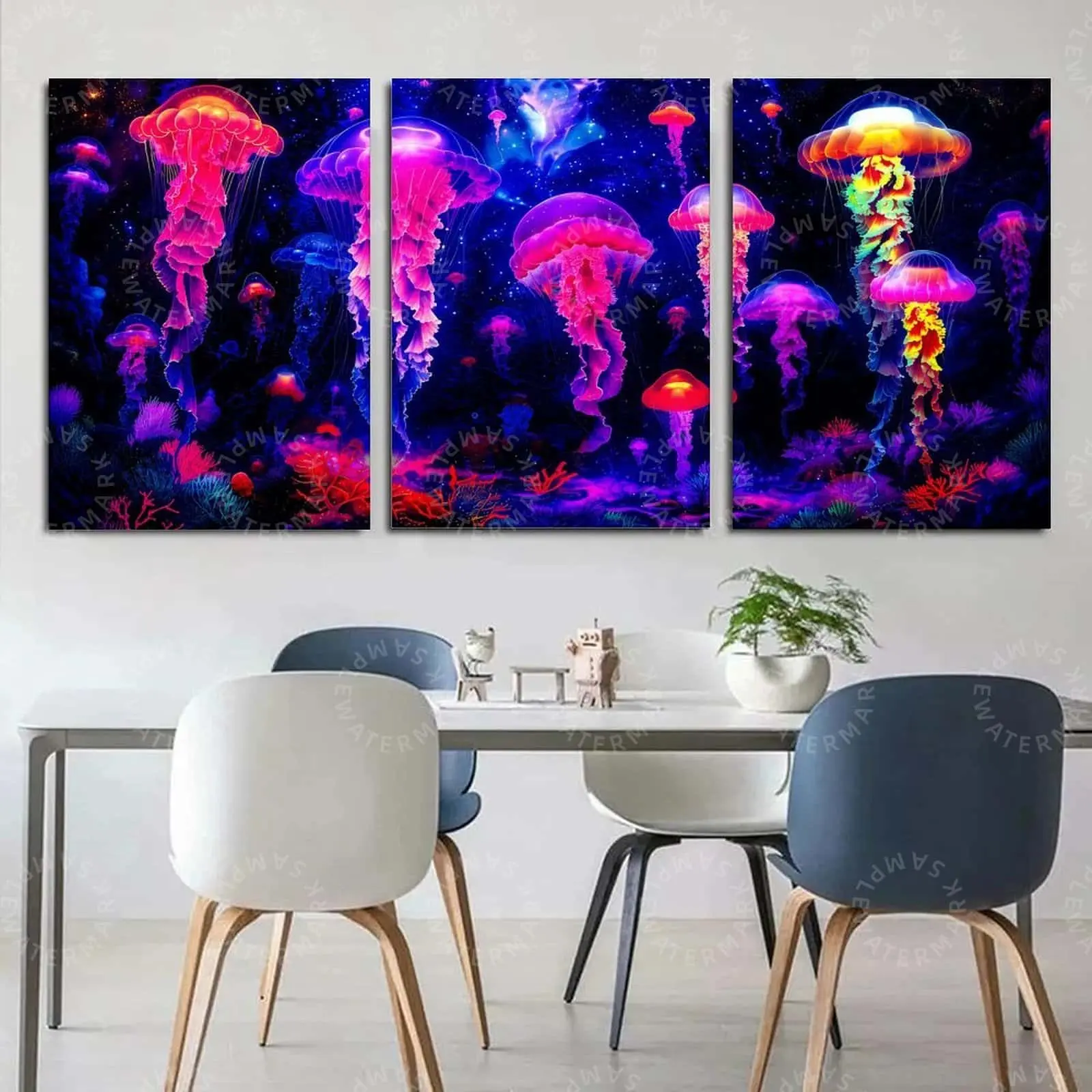 3 Panel Neon Rainbow Jellyfish Deep Sea Canvas Wall Art, Psychedelic Glowing Coral Ocean Galaxy Poster, Colorful Aesthetic Decor for Bedroom Living Room, Teen Gaming Room Office Modern Underwater Wall Art Gift