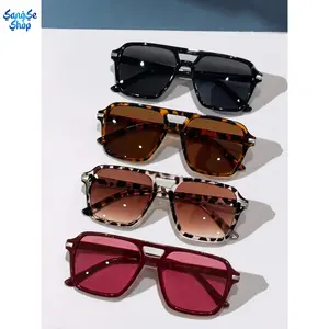 4PCS Fashion Square Pilot Sunglasses Set, Dual Bridge Retro Eyewear, Trendy Multicolor PC Frame Shades for Men & Women, UV Protection Glasses for Travel, Street Style, Vacation Photos, Driving & Daily Wear