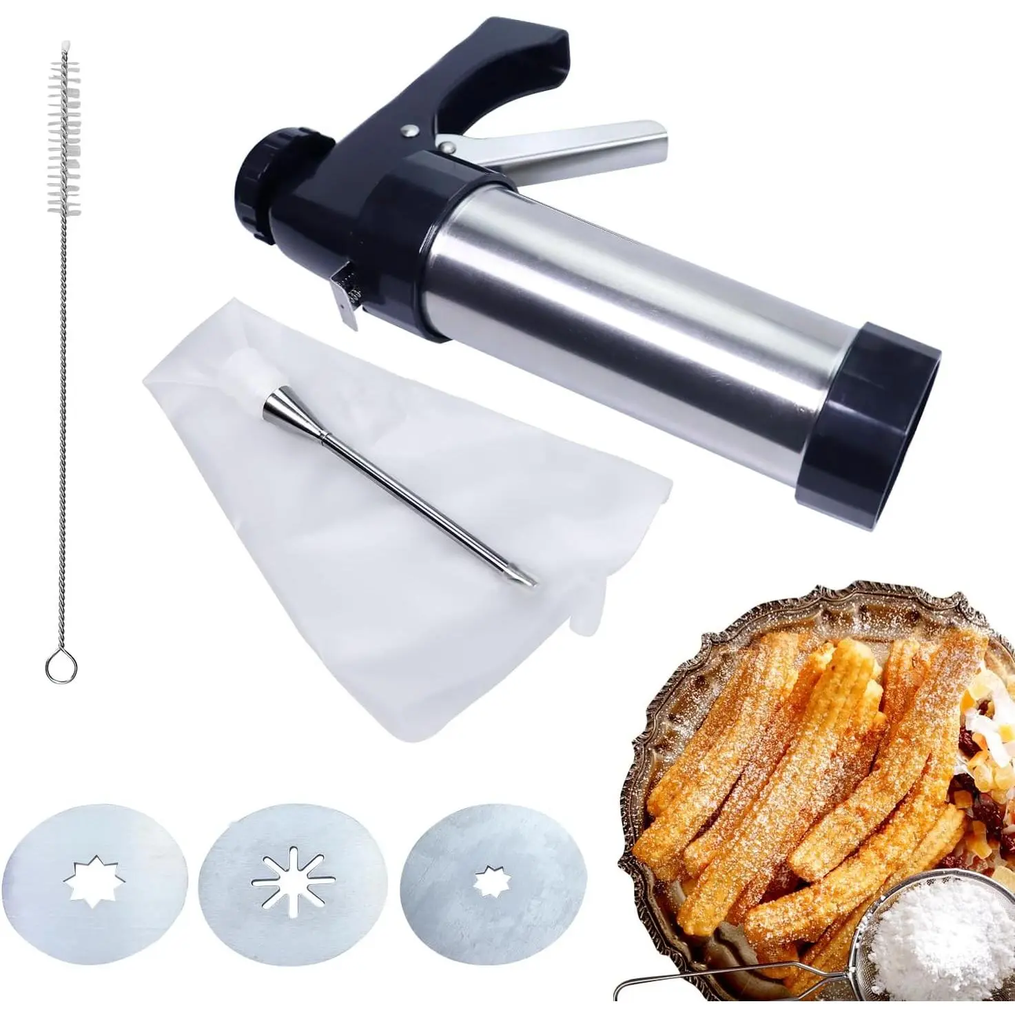 Stainless Steel Churro Maker, Churro Making Kit, Churro Gun, Churro Machine, Churro Press, Churro Maker Set, Piping Bag, Long Needle Piping Tip, Hollow Churro Filler, 3 Nozzle Discs, Homemade Churro
