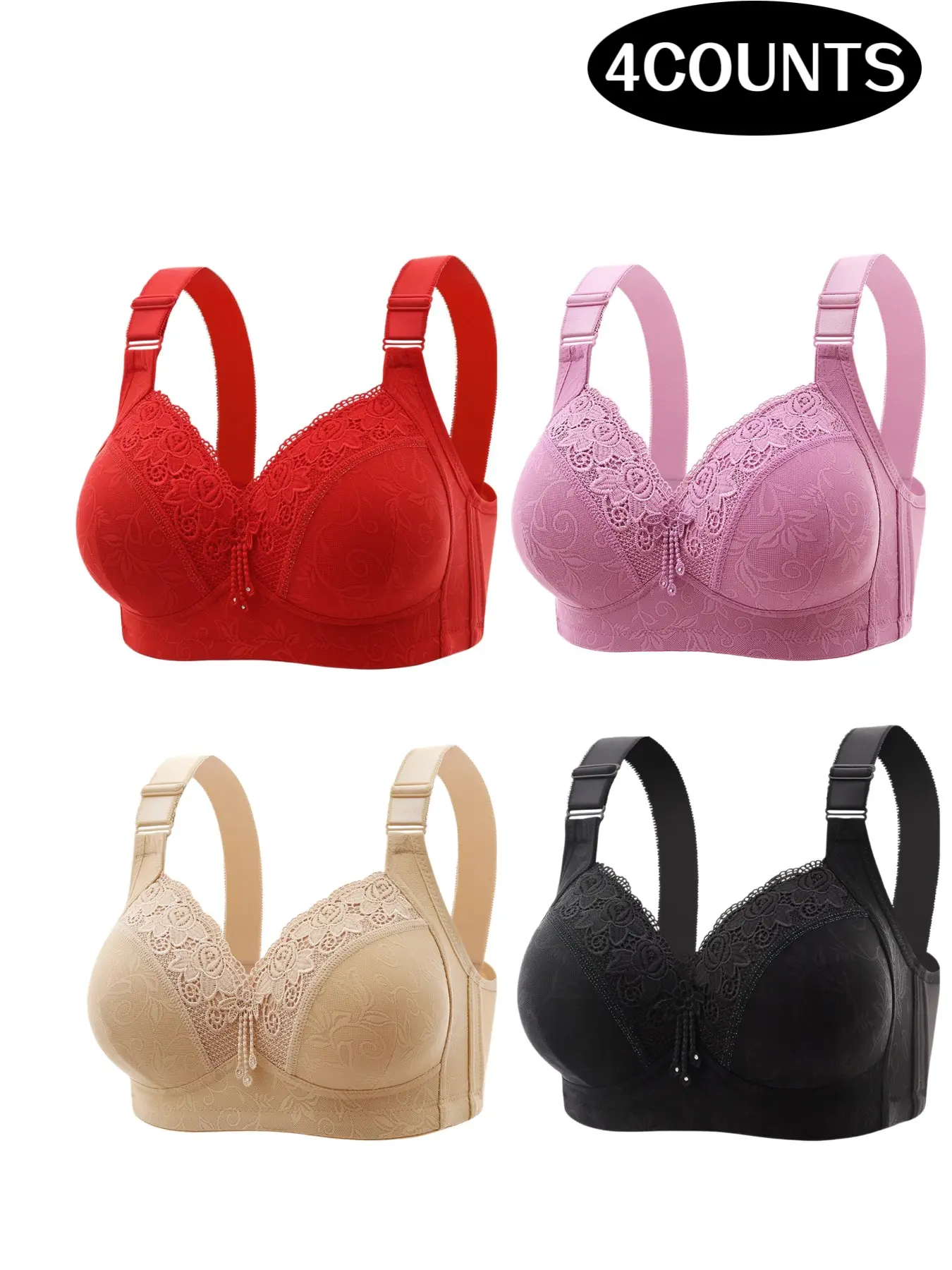4-Pack Women's Lace Wireless Push-Up Bras, Seamless Comfort Fit, Daily Wear Underwire-Free Bra, Breathable Soft Fabric, Full Day Support