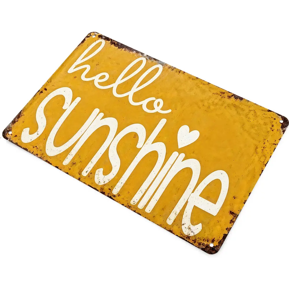 Hello Sunshine Yellow Heart Aluminum Metal Sign, 12x8", Rustic Worn Distressed, Wall Art Decor, Porch Ornament, Patio Outdoor Space, Summer Home Lovers, Housewarming Birthday Gift