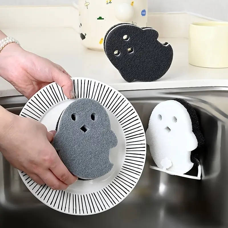 3pc Multi-Use Ghost Cleaning Sponge, Three-Sided Scrubber for Bathroom, Kitchen, Halloween Atmosphere Essential, Versatile Cleaning Tool