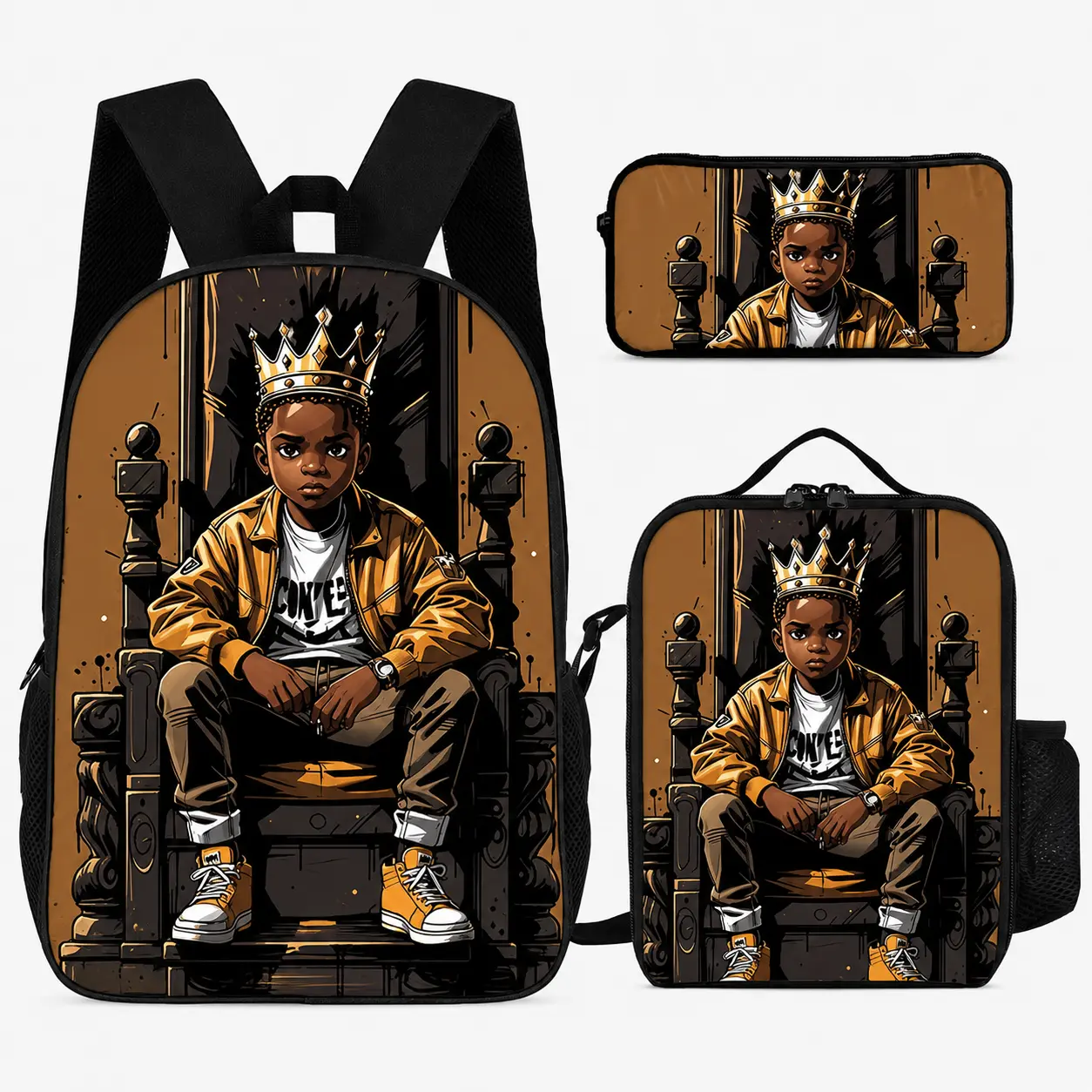 3PACK Afro Black Boy Crown Graphic Backpack Set With Lunch Bag And Pencil Case, Stylish Black Boy Print Lightweight School Bookbag For Youth And Teens