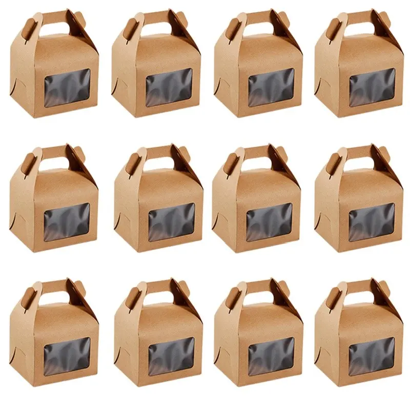 12pc Handheld Kraft Paper Cake Boxes, Transparent Window Swiss Roll Cupcake Baking Packaging, Sweet Treats Cookie Packing Box