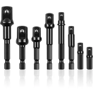 Drill Socket Adapter 8 count, Black  Sockets Adapter Set Fit for 1/4", 3/8", 1/2" Hex Shank, 5 Different Lengths Socket Drill Adapter,  1/4 Socket Adapter