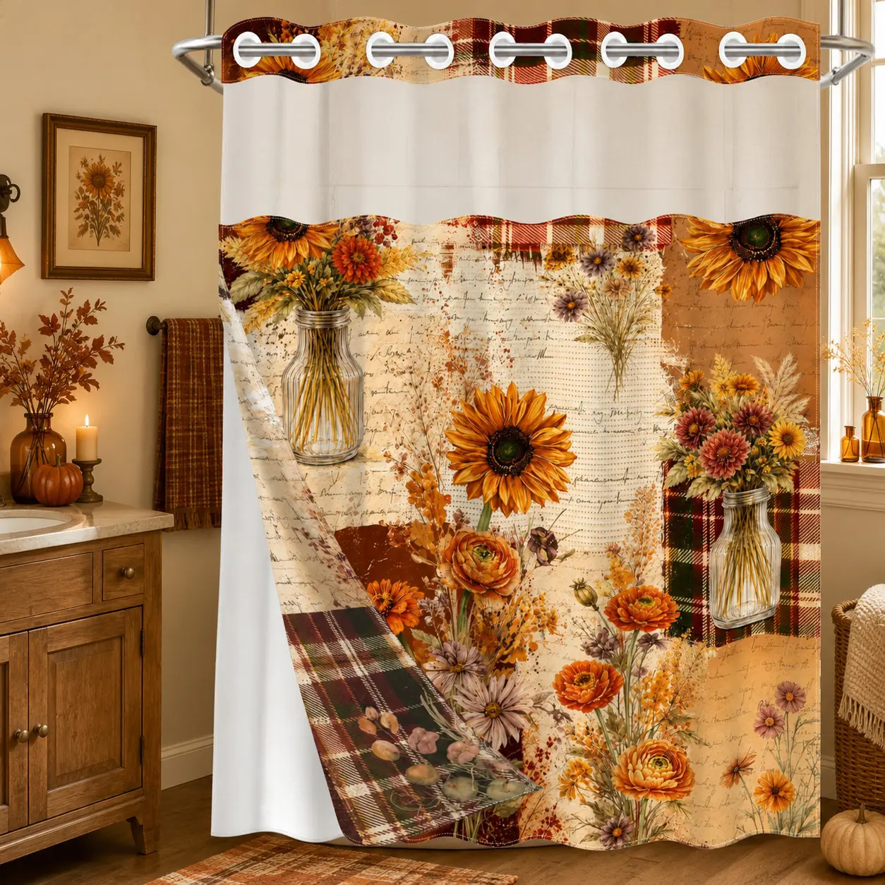 1PC 2D Flat Vintage Autumn Sunflower, Wildflower, Plaid & Script Pattern Double-Layer Woven Shower Curtain and Liner, No Hooks, Transparent Top Window, Removable Snap-On Liner, Rustic Farmhouse Bathroom Art Decor, Thanksgiving & Holiday Decoration