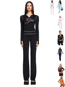 Fashion Women's Printed Hooded Long Sleeve Thumb Hole Micro Bell Two-Piece Set, New Style Solid Color Sexy Open Collar Two-Piece Set
