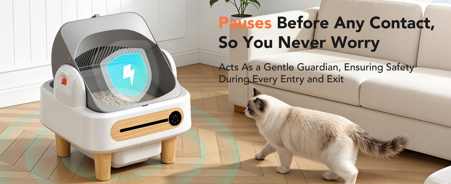 Automatic Cat Litter Box Self Cleaning, Robot Litter Box for Multiple Large Cats, Open Top Auto App Control Ultra-Quiet, Durable, Keep Home Freshness, Wood Grain