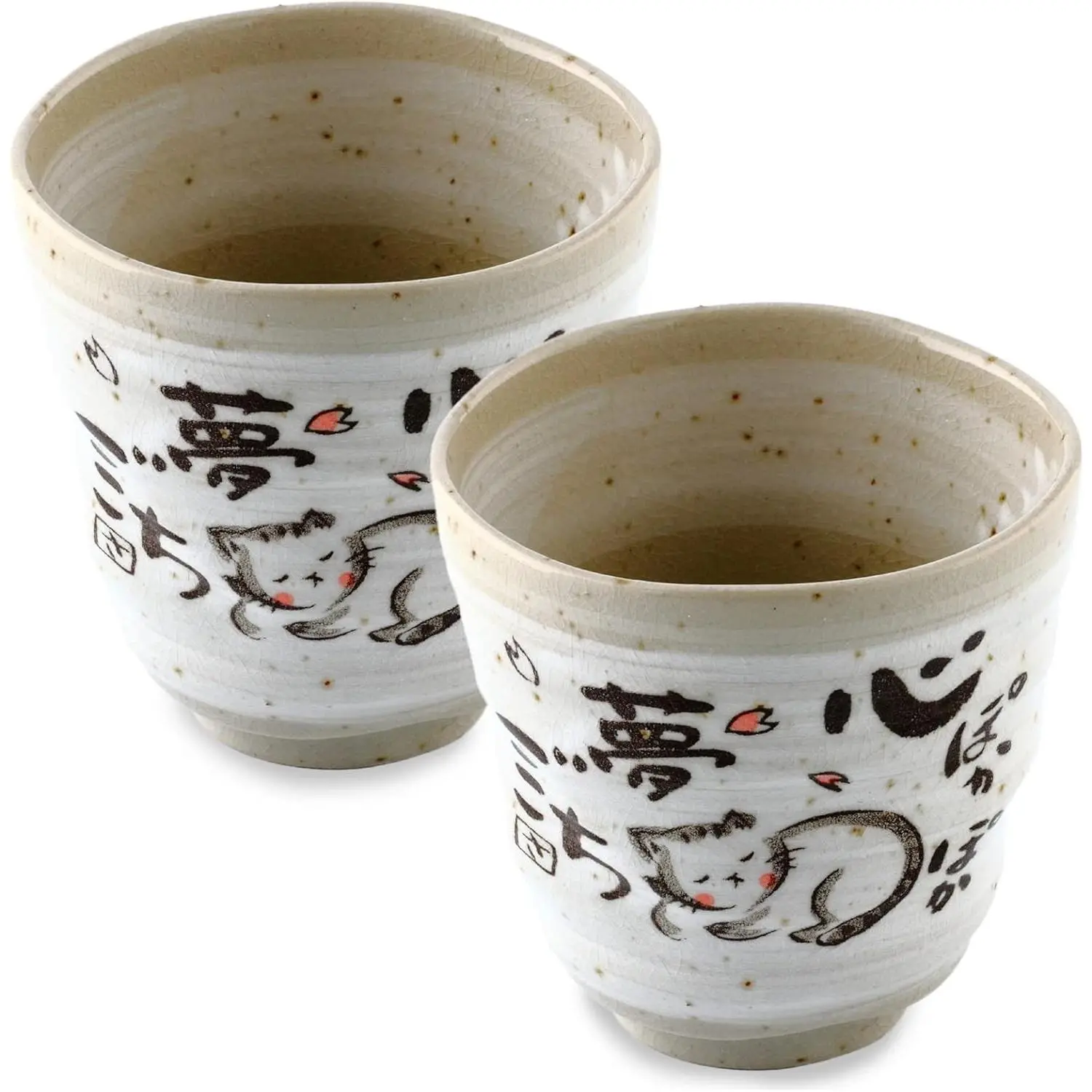 Japanese Tea Cups Handleless Coffee Mugs Cat Tea Cup 6.4 oz Set of 2 | Mino Ware Japanese Pottery Yunomi