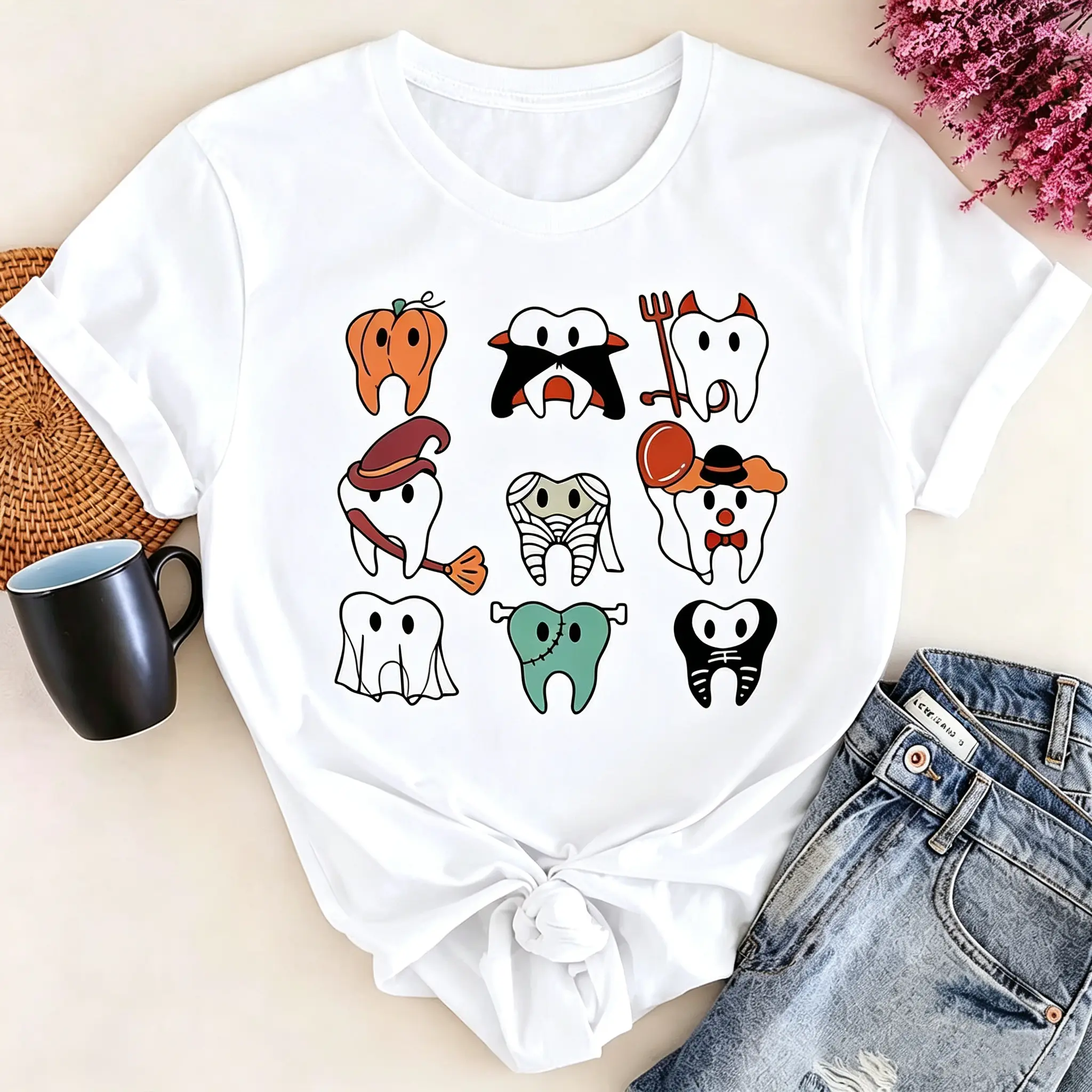 Men's Short-Sleeve Round Neck Comfortable Spooky Halloween Dentist Top, Teeth Monster Clothes for Dental Crew