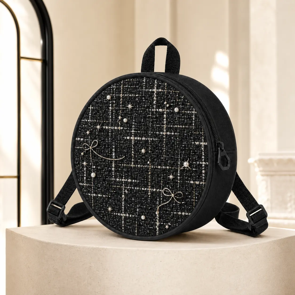 Women's Round Mini Backpack, Plaid Tweed Small Backpack Purse with Pearl Bow Print, Compact Daypack with Adjustable Straps, Lightweight Travel Shoulder Bag for Girls Teens, Everyday Casual Purse for School Shopping Vacation, Fashion Gift for Women