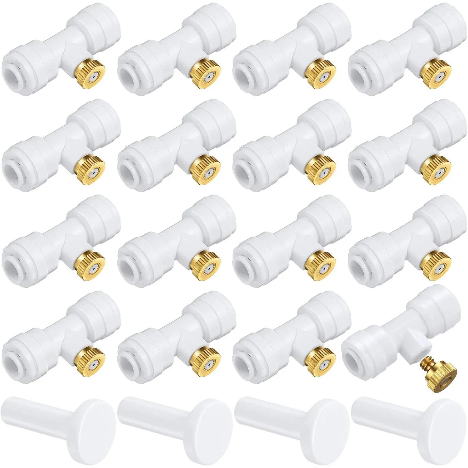 16 count Brass Misting Nozzles Kit Atomizing Mister Nozzle Kit 0.4 mm Orifice 2 Points 1/4 Inch Lock Misting Nozzles with 4 count Plug for Patio Misting Outdoor Cooling System Garden Water